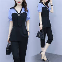Women's V-neck two-piece suit to cover belly and make you look thinner and younger  Blue