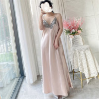 300 pounds pure lust sexy lace V-neck backless ice silk thin suspender home nightgown  Champagne
