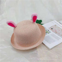 قبعة علوية لطيفة على شكل شخصية كرتونية من القش قبعة لطيفة للحماية من الشمس للأطفال  وردي 