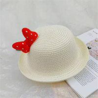 Children's bow straw hat  White