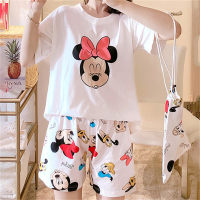 Bolso pijama mujer verano dibujos animados manga corta pantalones cortos sueltos Mickey conjunto de tres piezas  Rosado