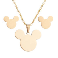 Japanese and Korean version of Mickey Head Pendant Necklace Earrings Jewelry Stainless Steel Cartoon Animation Park Mickey Head Set  Gold-color