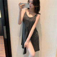 300 pounds loose and thin V-neck sexy spliced slit suspender pajama dress  Gray