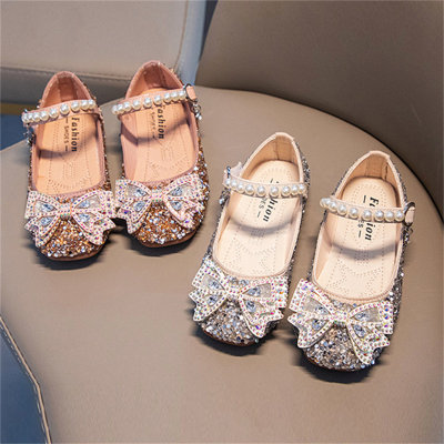 Children's bow rhinestone princess style leather shoes