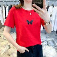 Kurzarm-T-Shirt mit Schmetterlingsmotiv für Damen  rot