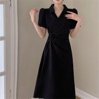Plus size women's summer new style slightly fat and slim tea break French gentle style polo collar short-sleeved dress  Black