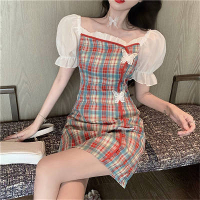 Women's Plaid Puff Sleeve Butterfly Decorated Dress