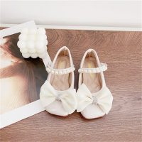 Children's bow pearl princess style leather shoes  Beige