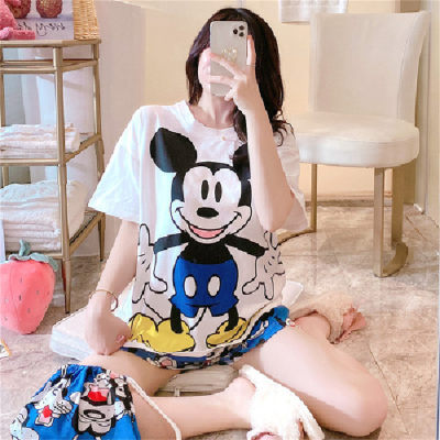 Bolso pijama mujer verano dibujos animados manga corta pantalones cortos sueltos Mickey conjunto de tres piezas