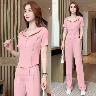 Women's solid color sports hooded wide-leg pants two-piece suit