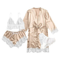 4-Piece Women Thin imitation silk solid color cardigan Adult pajamas set  Gold-color