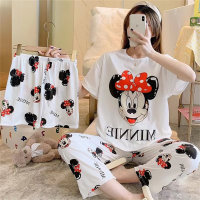 Mickey three-piece pajamas for women summer short-sleeved loose Korean student large size ins can be worn outside home clothes set  Red