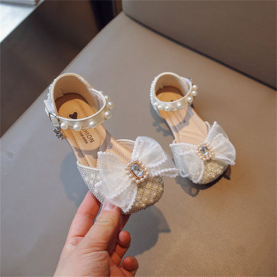 Versátil e elegante arco de strass sapatos princesa meia sandália com sola macia