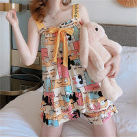 Summer suspender shorts thin set princess Mickey cartoon milk silk pajamas female cartoon pajamas  Yellow