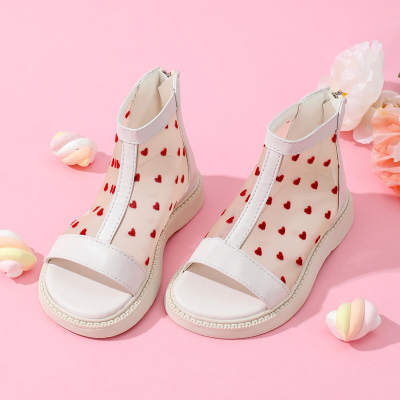 Kid Girl Heart Pattern Mesh Patchwork Open Toed High Top Shoes