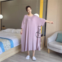 فستان بيجاما منزلي فضفاض بأكمام قصيرة وخفيف للقياس الكبير يصل إلى ٣٠٠ رطل، بطابع كسول ومريح.  أرجواني