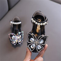 Sapatos infantis de couro estilo princesa com borboleta e strass  Preto