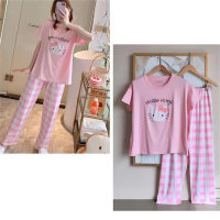 Pajamas for Women Summer Short Sleeve Korean Style Spring and Autumn Cute Pants Thin Section 2022 Loose Homewear Set Large Size Cartoon  Pink