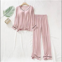 Women's 2-piece long-sleeved solid color thin pajamas set  Pink