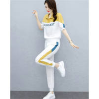 Women's sports color matching fashion ankle pants suit  White