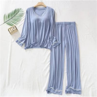 Women's 2-piece long-sleeved solid color thin pajamas set  Blue