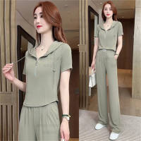 Women's solid color sports hooded wide-leg pants two-piece suit  Green