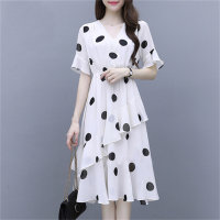 Polka dot plus size dress is loose and covers the belly  White