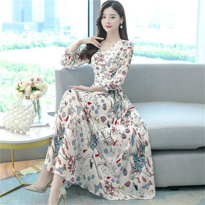 2022 autumn new women's long-sleeved floral dress super fairy temperament slim long A-line big swing V-neck dress
