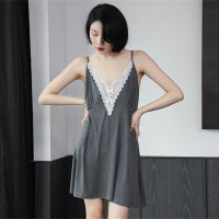 300 pounds fashionable large size loose and sexy lace deep V-neck sleeveless thin suspender pajama dress  Gray