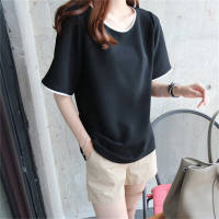 Women's slim solid color women's large size loose short-sleeved T-shirt tops  Black