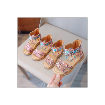 Children's colorful embroidered tassel Velcro sandals