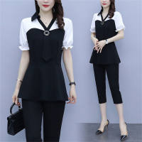 Women's V-neck two-piece suit to cover belly and make you look thinner and younger  White