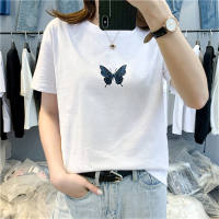 T-shirt da donna a maniche corte con farfalla  bianca