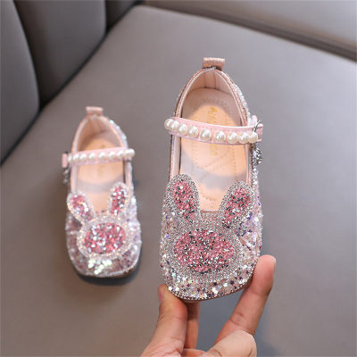 Zapatos infantiles de piel estilo princesa con strass y conejita