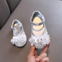 Sapatos infantis de couro estilo princesa com flores  Prata