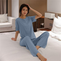New Product Women's Pajamas Solid Color Ice Silk Home Clothes Women's Casual Two-piece Suit Lazy Little Hong Kong Sister Soft Suit  Blue