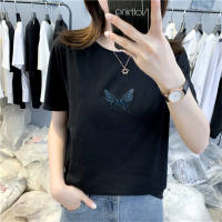 Camiseta mujer manga corta mariposas  Negro