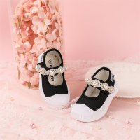 Toddler Girl Pearl Decoration Velcro Canvas shoes  Black