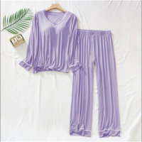 Women's 2-piece long-sleeved solid color thin pajamas set  Purple