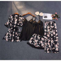 5-Piece Women Thin imitation silk printed cardigan with chest pad Adult pajamas set  Black
