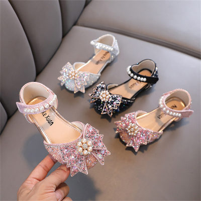 Children's bow pearl princess style leather shoes