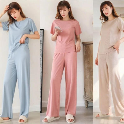New Product Women's Pajamas Solid Color Ice Silk Home Clothes Women's Casual Two-piece Suit Lazy Little Hong Kong Sister Soft Suit
