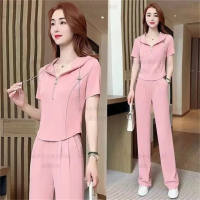 Women's solid color sports hooded wide-leg pants two-piece suit  Pink