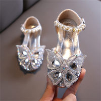 Children's butterfly rhinestone princess style leather shoes  Silver