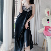 300 pounds pure lust sexy lace V-neck backless ice silk thin suspender home nightgown  Black