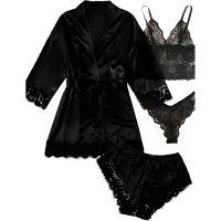 4-Piece Women Thin imitation silk solid color cardigan Adult pajamas set  Black