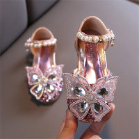 Zapatos infantiles de piel estilo princesa con strass y mariposas  Rosado