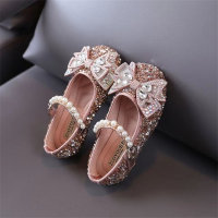 Sapatos infantis de couro estilo princesa com strass e laço  Rosa