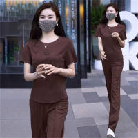 Women's solid color lettering fashion sportswear two-piece suit  Coffee