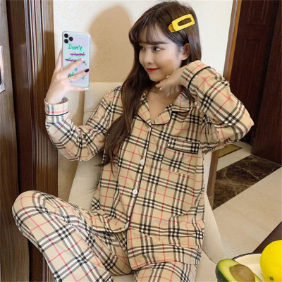 New Korean style ins pajamas for women, Japanese style plaid, simple and sweet internet celebrity long-sleeved cardigan cartoon home wear set